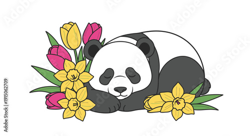 Panda Sleeping Among Tulips and Daffodils