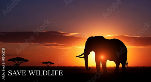 Elephant silhouette walking towards sunset with acacia trees in savannah landscape conservation concept