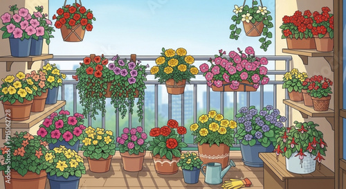 Vibrant balcony garden with numerous potted flowers and plants on shelves and floor sunny day with city view