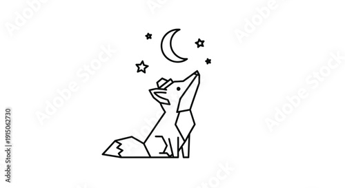 Howling wolf under moon with stars in geometric line art
