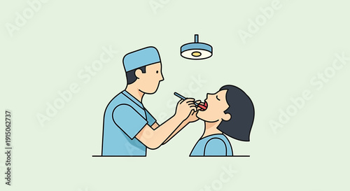 Dentist examining patient's mouth with tools under examination lamp