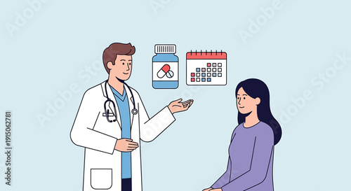Doctor Consultation: Patient Discussing Treatment Plan, Pills, and Calendar