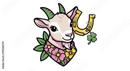 Goat Head with Flowers and Horseshoe for St. Patrick Theme