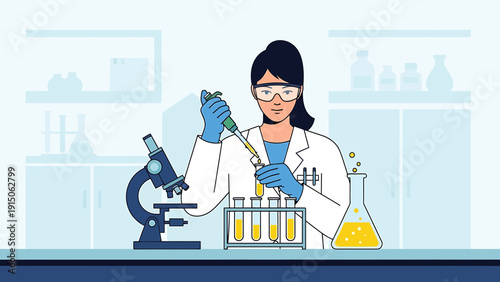 Female scientist conducts experiment in laboratory with microscope and test tubes