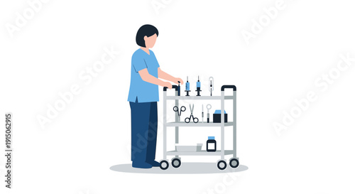 Nurse Arranging Medical Instruments on a Rolling Cart for Healthcare Procedure