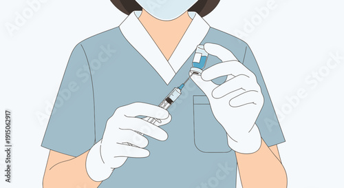 Nurse preparing vaccine injection with syringe and vial, medical healthcare concept