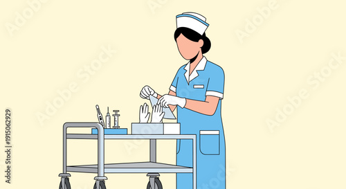 Nurse Preparing Medical Supplies on Cart for Healthcare Procedure
