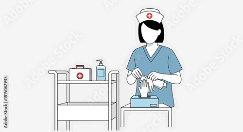 Nurse Putting On Gloves Next to Medical Cart with Supplies
