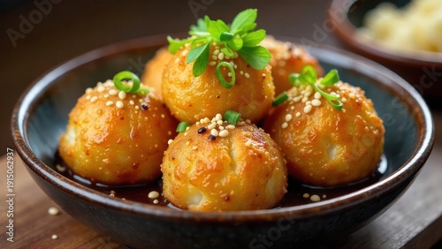 Golden-brown savory spheres, glazed and glistening, nestled in a dark bowl with a sprinkle of sesame seeds and fresh herbs