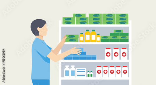 Pharmacist Organizing Medicine Shelves in Pharmacy, Healthcare Concept