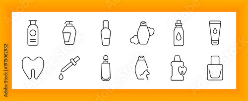 Personal hygiene set icon. Bottles, pumps, dental items, droppers, foam, and liquid containers drawn with fine outlines showing care, cleanliness, grooming, and body maintenance tools.