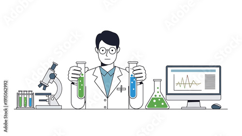 Scientist Holding Test Tubes in Laboratory with Microscope and Computer