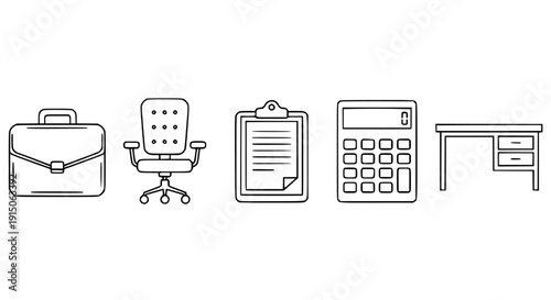 Flat design office essentials vector set with briefcase chair notebook calculator desk workplace icons