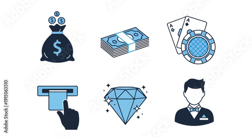 Wealth and gambling icons set. Flat simple illustrations of money bag, cash stack, casino chips, ATM machine and diamond. logo template, Glyph solid icon, Blue icon  - Editable icon