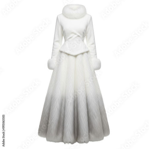 A beautiful white wedding dress with a fitted bodice and a flowing skirt isolated on transparent background