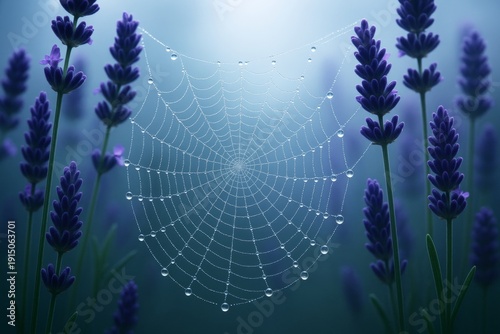 Dew-covered spider web among blooming lavender plants in soft morning light on a dreamy blue background. Nature beauty and fragility concept. Ai generative
