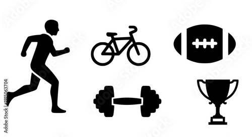 Athlete running with fitness icons bicycle dumbbell trophy success motivation sport vector illustration