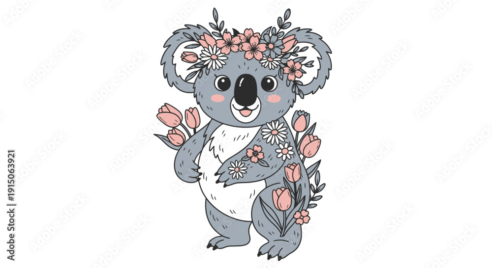 Fototapeta premium Koala with flower crown and bouquet in pastel colors