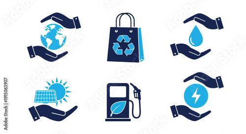 Environmental protection and sustainability icons set. Flat simple illustrations of save the planet, eco fuel, green energy and solar power. logo template, Glyph solid icon, Blue icon  - Editable icon