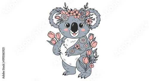 Koala with flower crown and bouquet in pastel colors