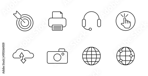 Internet service set icon. Target, printer, headset, click, cloud sync, camera, globe, network, communication, device, web, global, media, support
