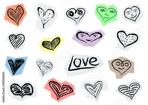 Doodle style hand drawn paper cut out hearts and smiles isolated on white. Sticker pack. Vector likes set. Creative grunge heart symbols. Vector illustration