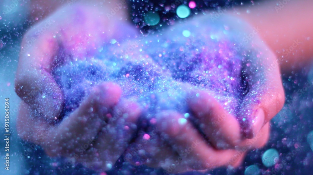 Fototapeta premium Hands hold colorful glitter in a dark space during a creative moment