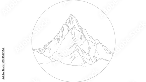 A grayscale circular illustration of a mountain range enclosed by a thin, dotted, or dashed line