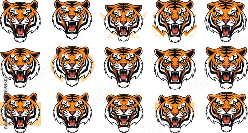 Tiger Head Mascot Logo Set with Roaring Expressions Aggressive Big Cat Emblem for Sports Team Branding Vector Collection