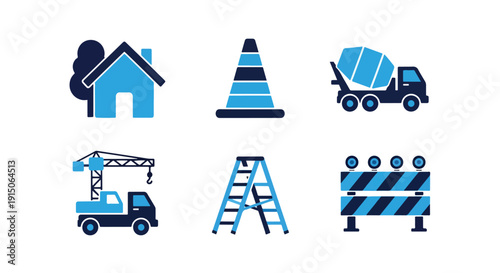 Construction site and machinery icons set. Flat simple illustrations of house, traffic cone, cement mixer, crane truck and ladder. logo template, Glyph solid icon, Blue icon  - Editable icon