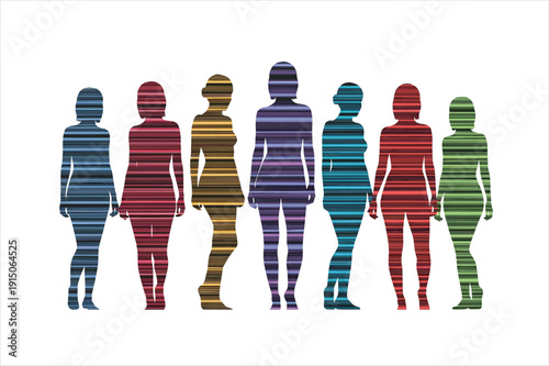 Group of diverse female figures standing together in a row holding hands in unity