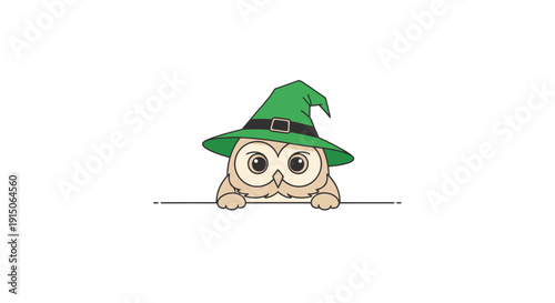 Cute Owl in a Green Wizard Hat Peeking Over a Line