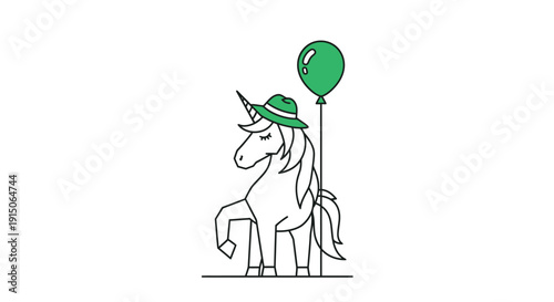 Unicorn with Balloon and Hat in Minimal Outline