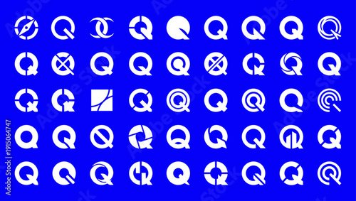 Letter Q logomarks collection set, geometric Q logo symbols grid, modern minimalist Q letter brand marks on blue background