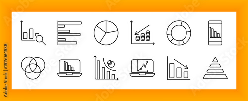 Analytics set icon. Bar charts, pie charts, growth curves, financial stacks, laptops, pyramids, Venn diagram, and mobile graphs with upward and downward trend lines illustrated.