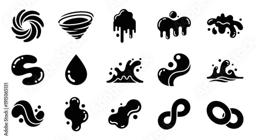 Abstract liquid shapes set, fluid elements, water splashes, drips, and swirls collection
