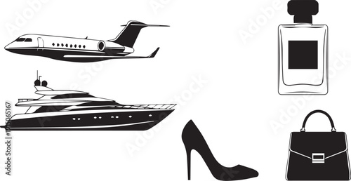 Luxury lifestyle and travel icons private jet, yacht, high heel, handbag, and perfume bottle