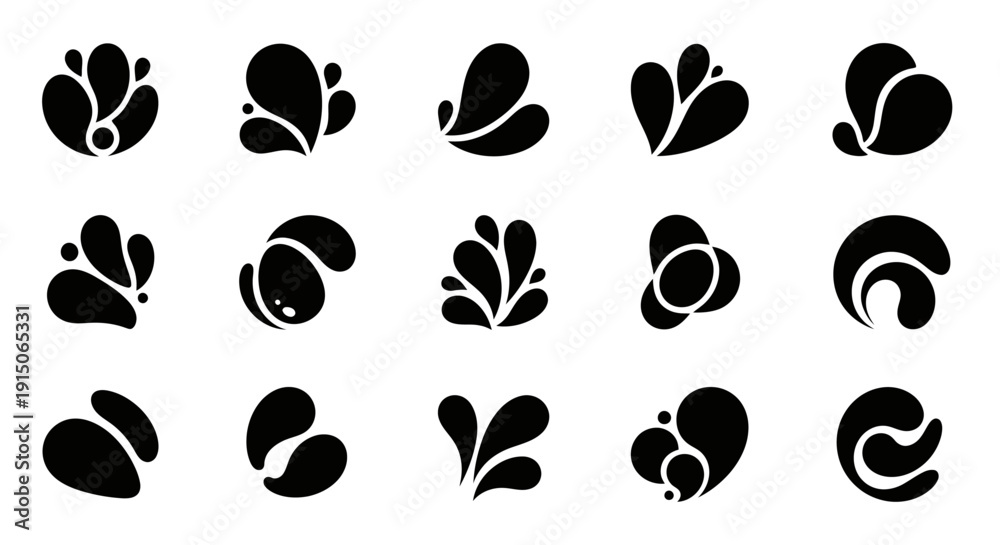 Fototapeta premium Abstract organic fluid shapes vector set, black ink splashes design elements on white