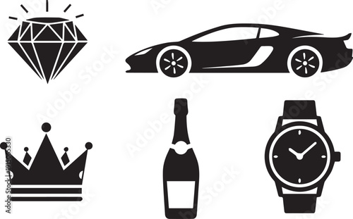 Collection of luxury icons diamond, sports car, crown, champagne bottle, and wristwatch, representing wealth and success