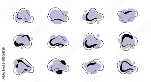 Abstract organic fluid shapes set. Modern liquid lavender blobs. Dynamic graphic design elements.