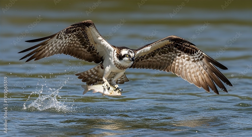 Fototapeta premium Osprey Carrying Fish Over Calm Lake