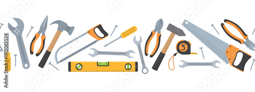 Horizontal pattern with repair hand tools. Seamless border with pliers, tape measure, spirit level, wrenches, saw, hammer, screwdrivers and nails