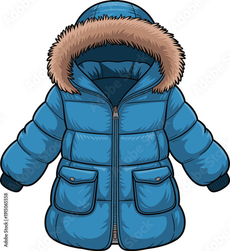 Blue winter jacket with fur-lined hood and multiple pockets zipper