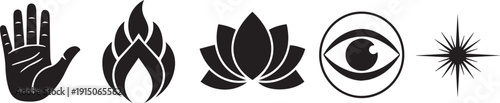 A set of five spiritual and esoteric symbols including a hand, flame, lotus flower, eye, and starburst, representing various metaphysical concepts and practices