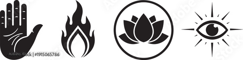A curated vector collection of spiritual and mystical symbols, including a hamsa palm, a vibrant flame, a serene lotus blossom, and an insightful radiant eye, representing universal wisdom