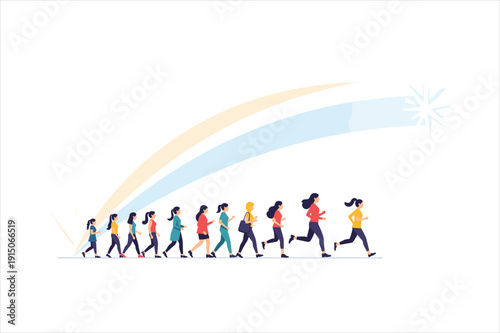 Group of women running in different styles and speeds together in a line formation
