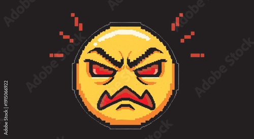 Angry Pixel Art Emoji Face with Red Eyes and Evil Expression