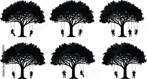 Tree swing silhouette collection, children playing under big oak trees, black vector set of joyful outdoor scenes for family park design, illustration, poster, decoration