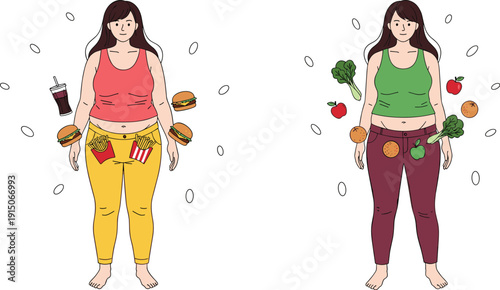 Weight loss transformation concept with obese woman healthy and unhealthy food lifestyle flat vector illustration