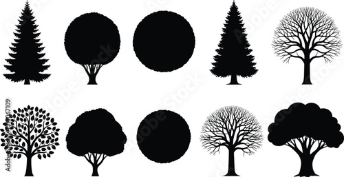 Tree silhouette vector set, black forest icons collection including pine, oak, round canopy and bare trees for landscape design, illustration, logo, decoration